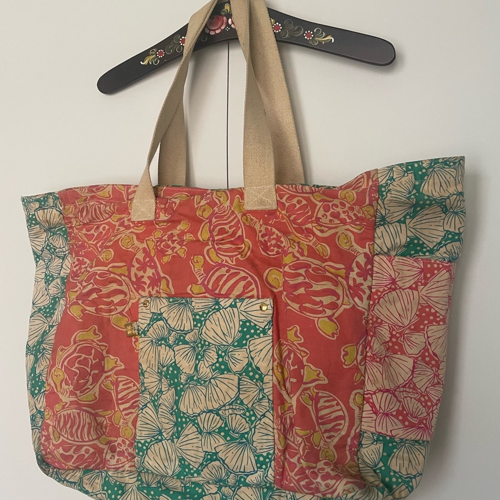Vintage Lilly Patchwork Tote Bag with Turtles and Shells